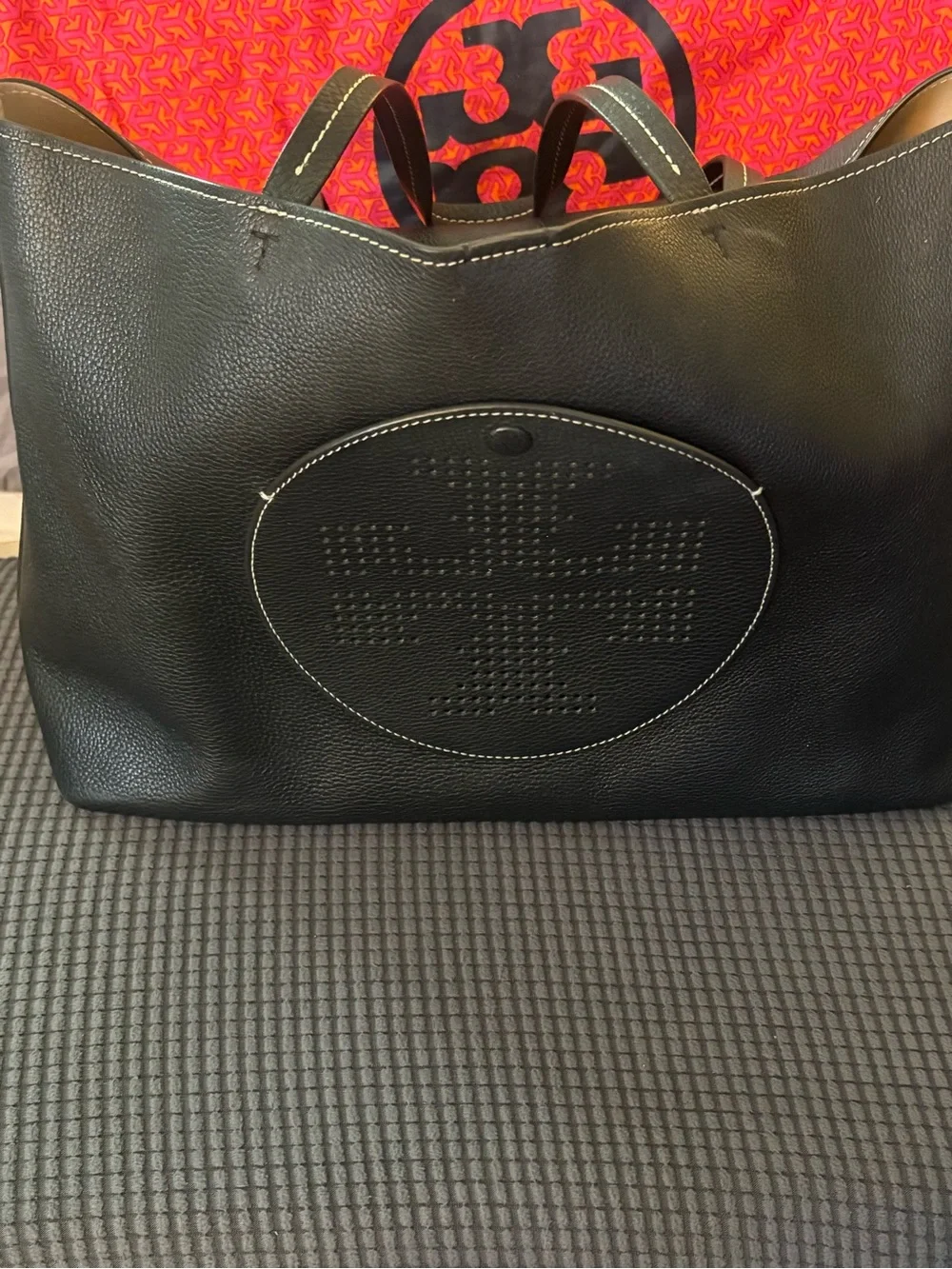 Tory Burch Black Perforated Logo Pebbled Leather Tote